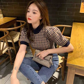 Short Sleeve Houndstooth Pattern Knitted Slim Shirt